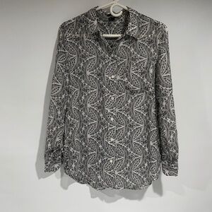 Theory Sz M Black & White Paisley Print Silk Blouse